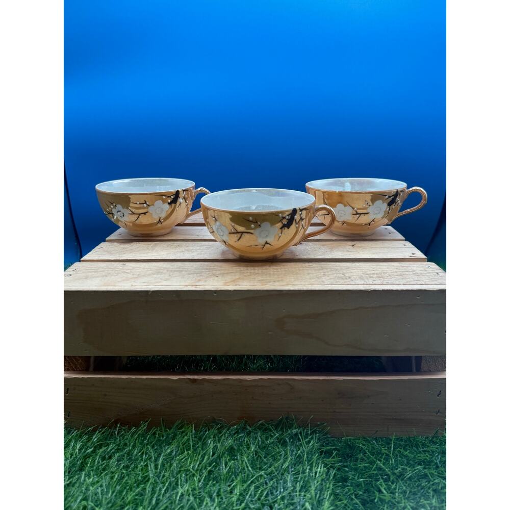 Vintage Japanese Lustreware Cherry Blossom Tea Cups & Saucers - Set of 3 - Picture 6 of 8